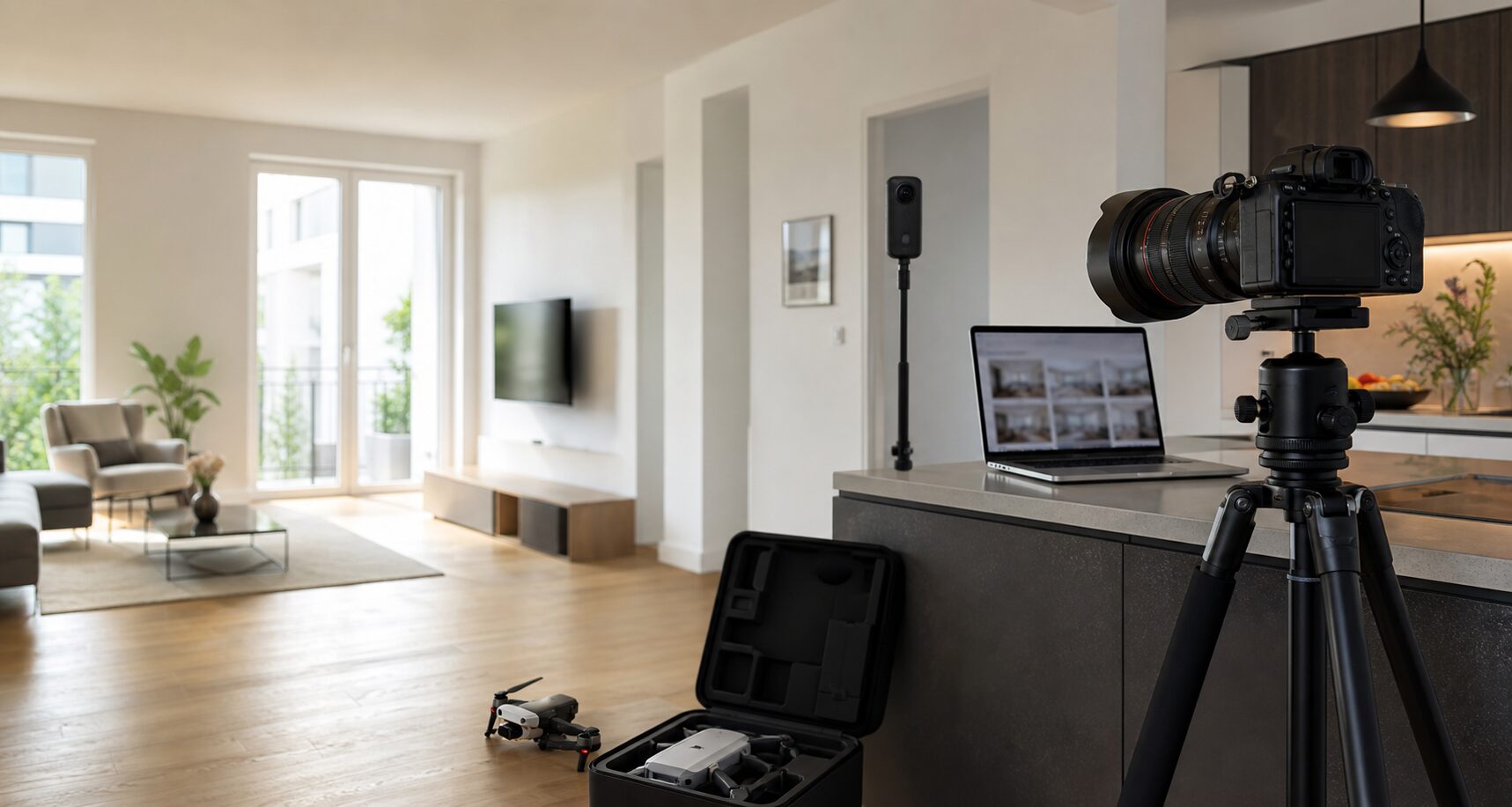 Kamera, Drohne, 360-Grad-Kamera und Laptop in einer modernen Immobilie